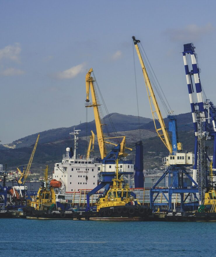 Port with cranes and cargo ships for international shipping and ocean freight logistics solutions.