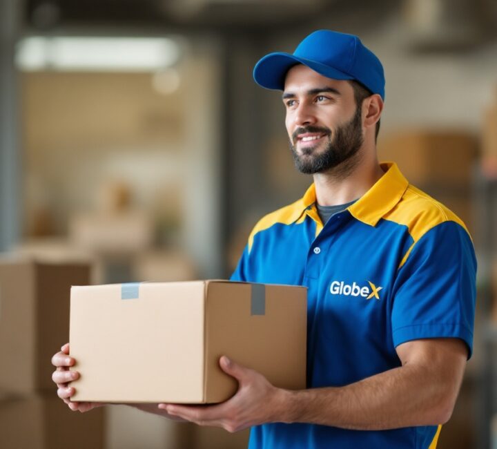 A young courier delivery man holding a box for delivery