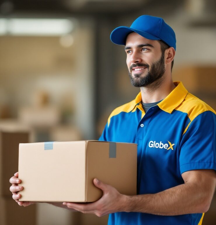 A young courier delivery man holding a box for delivery