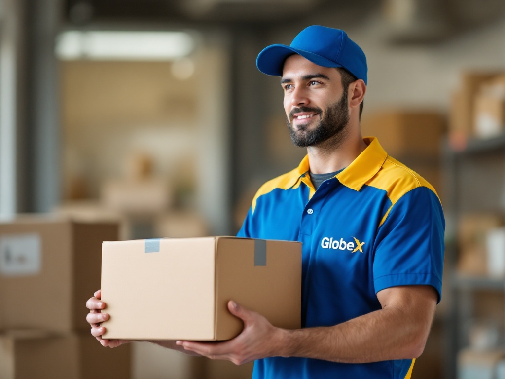 A young courier delivery man holding a box for delivery