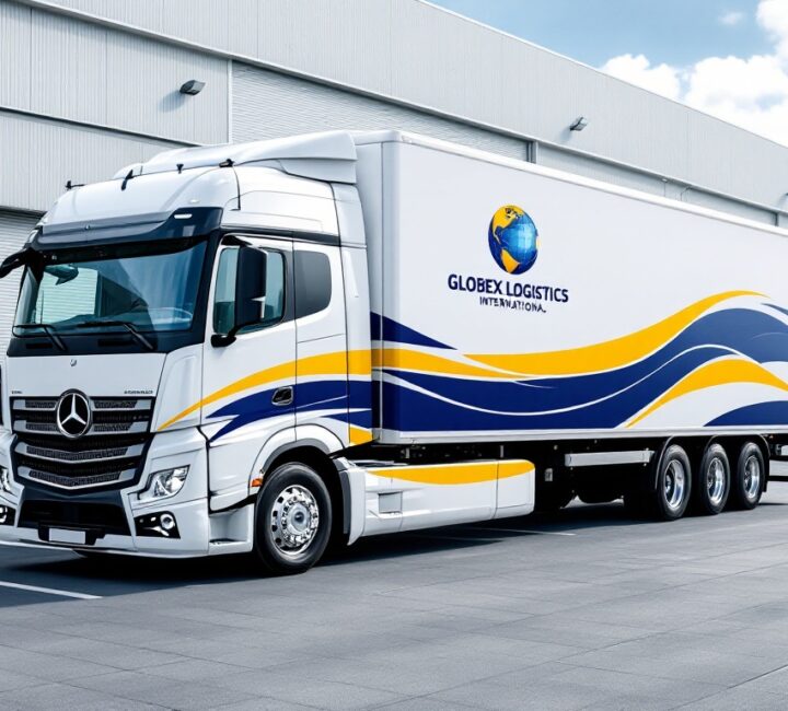 Professional Globex Logistics fleet featuring corporate blue and yellow branding showcasing international shipping capabilities