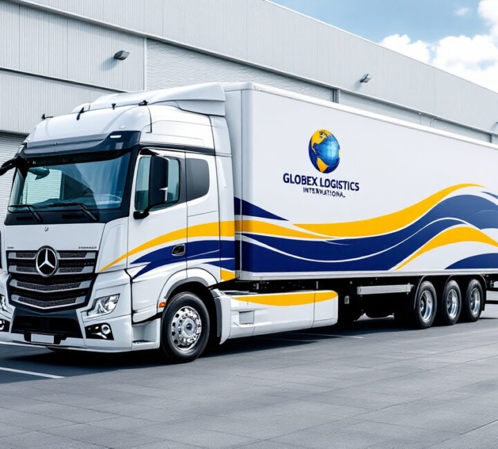 Tractor trailer truck with signage parked outside warehouse