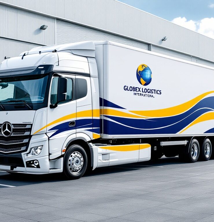 Tractor trailer truck with signage parked outside warehouse