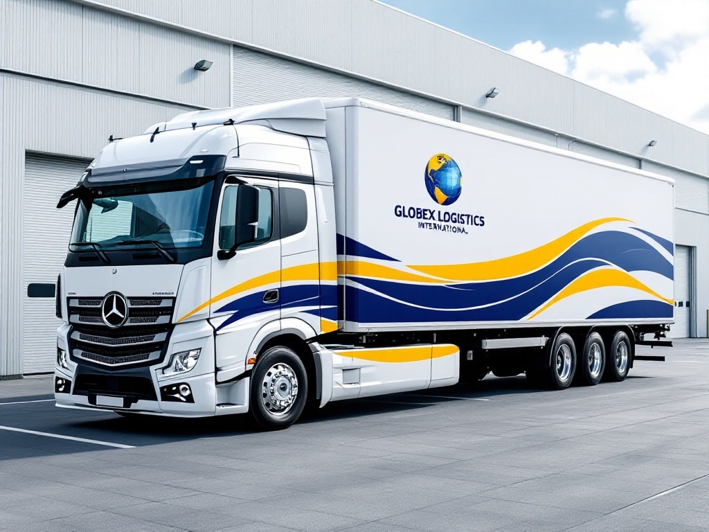 Tractor trailer truck with signage parked outside warehouse
