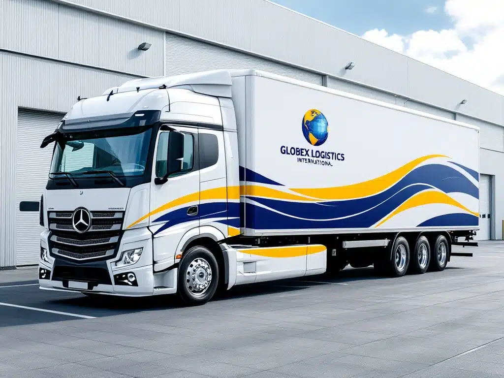 Tractor trailer truck with signage parked outside warehouse