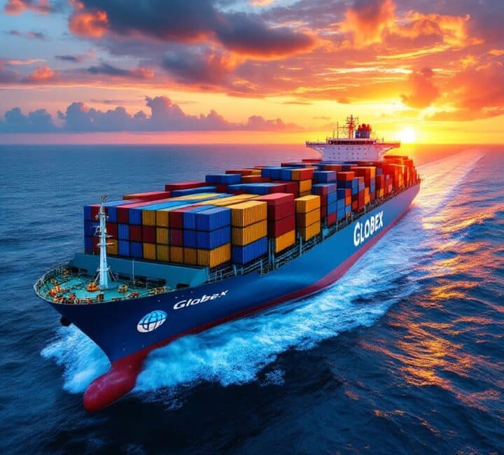 Ocean Container sailing at dusk with containers on deck