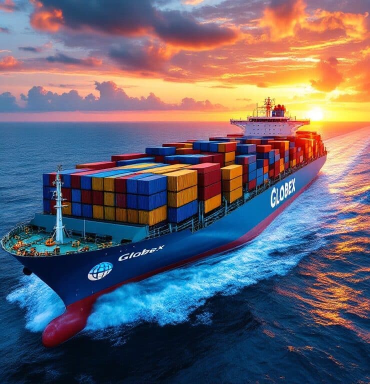 Ocean Container sailing at dusk with containers on deck