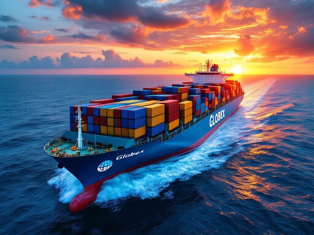 Ocean Container sailing at dusk with containers on deck